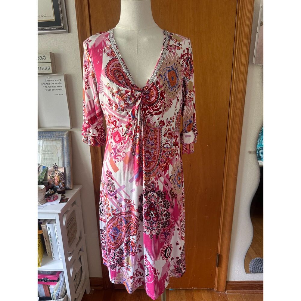 Joyous & Free Pink Paisley Medallion Rhinestone Knit Dress Large L